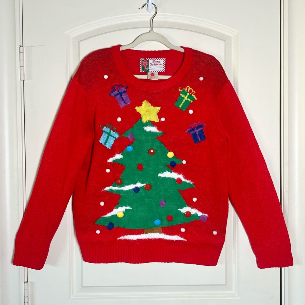 Merry Christmas Tree Ugly Sweater Medium Red Festive Knit Embellished Pom Pom M